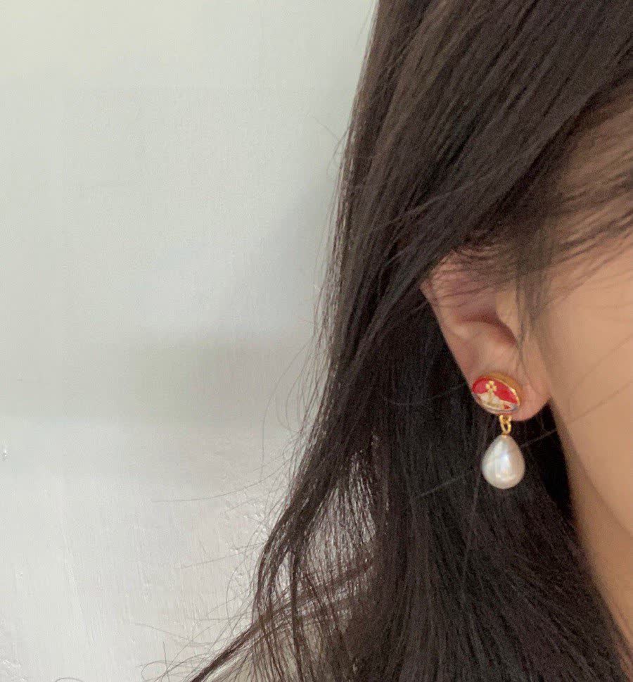 Vivienne Westwood Red Enamel Pearl Drop Earrings